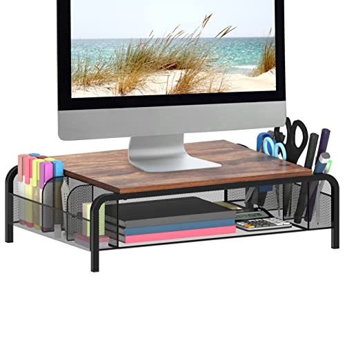 Trwcrt Metal Desk Monitor Stand Riser with Organizer Drawer, Rustic Monitor Riser for Computer, Small Printer, Laptop, Black and Brown